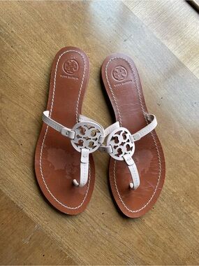 Tory Burch light pink Leather Miller Sandals with Brown Footbed